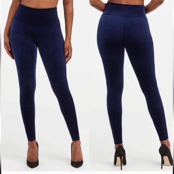 Spanx Velvet Navy Blue Leggings Pants Shapewear Holiday Size Small - Picture 2 of 5